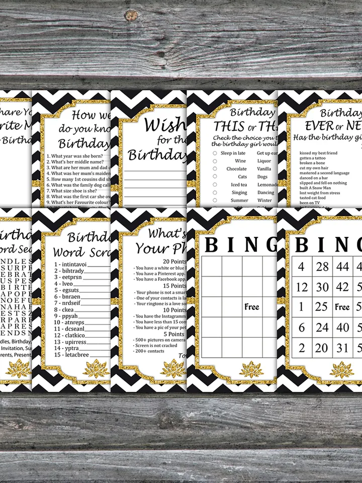 Black White Chevron Birthday Party Games bundle,Adult birthday games package,Printable Birthday Games,INSTANT DOWNLOAD