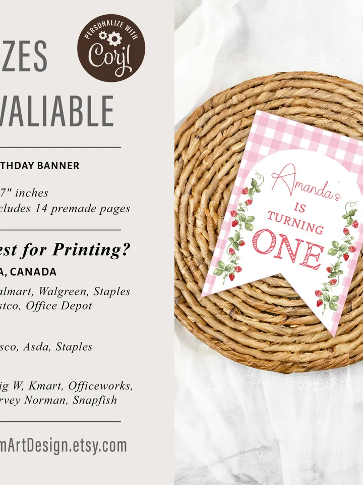 Editable Pink Gingham Berry First Birthday Banner Template Berry First Garland Berry Flags Digital Strawberry Birthday Party Decor i122