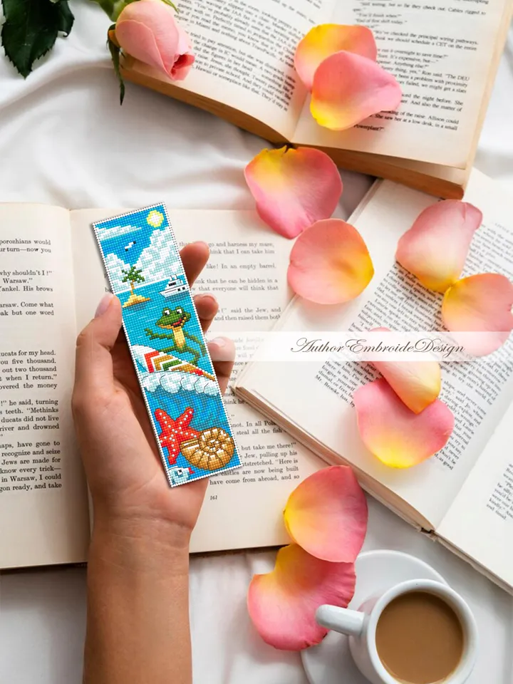 Summer bookmark cross stitch pattern PDF download Funny frog cross stitch chart, Sea bookmark pattern digital PDF, Beach vacation #B447