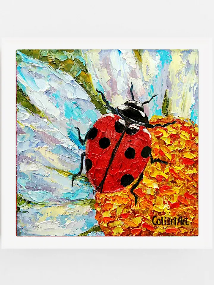 Ladybug Painting Daisy Original Art Animal Flower Painting Floral Small Art Insect Colorful Art 8" x 8" By Colibri Art
