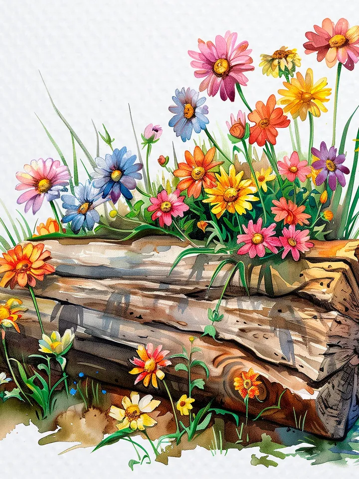 12 Wildflowers On Log png Clipart, Wild Flowers png, Printable Watercolor Wildflowers clipart for sublimation, Paper craft, junk journal