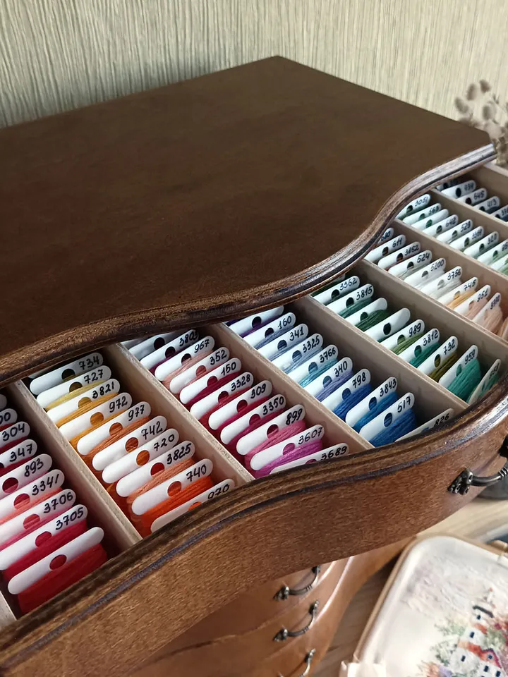 Floss storage cabinet for DMC floss bobbins and skeins, Stitching drawer box with curved faces in vintage style