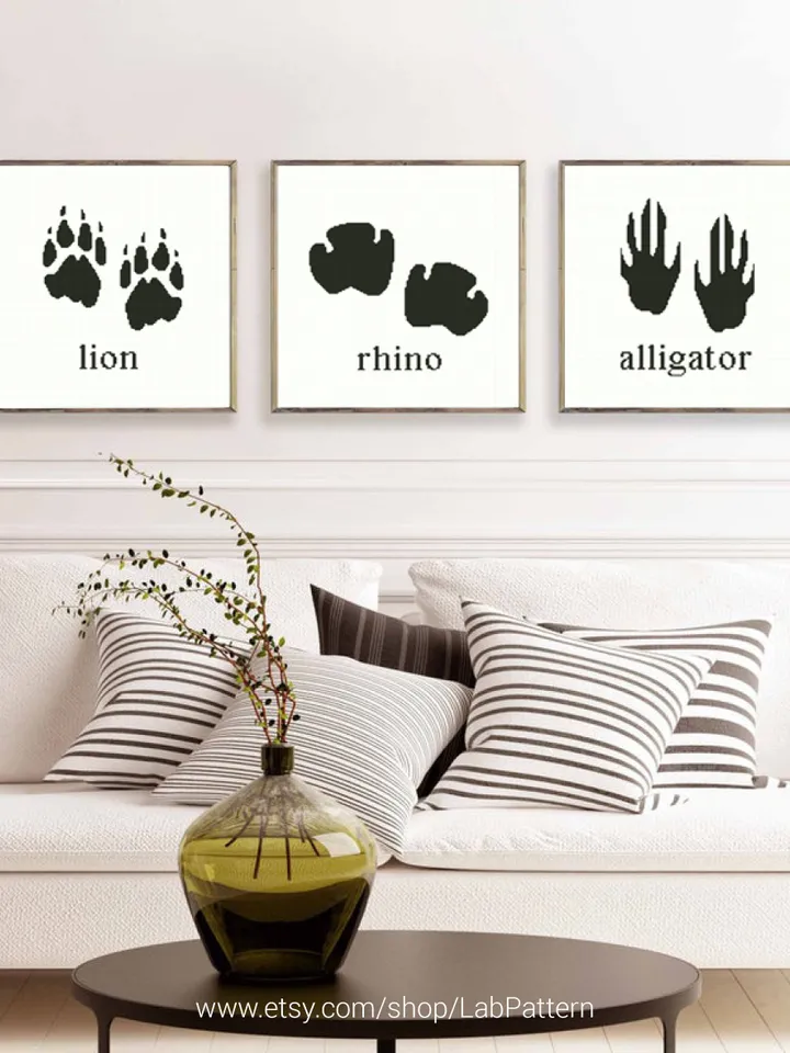 Bundle of 3 Animal Footprint Alligator, Rhino, Lion Cross stitch pattern | Embroidery Pattern | Instant Download | Embroidery Designs