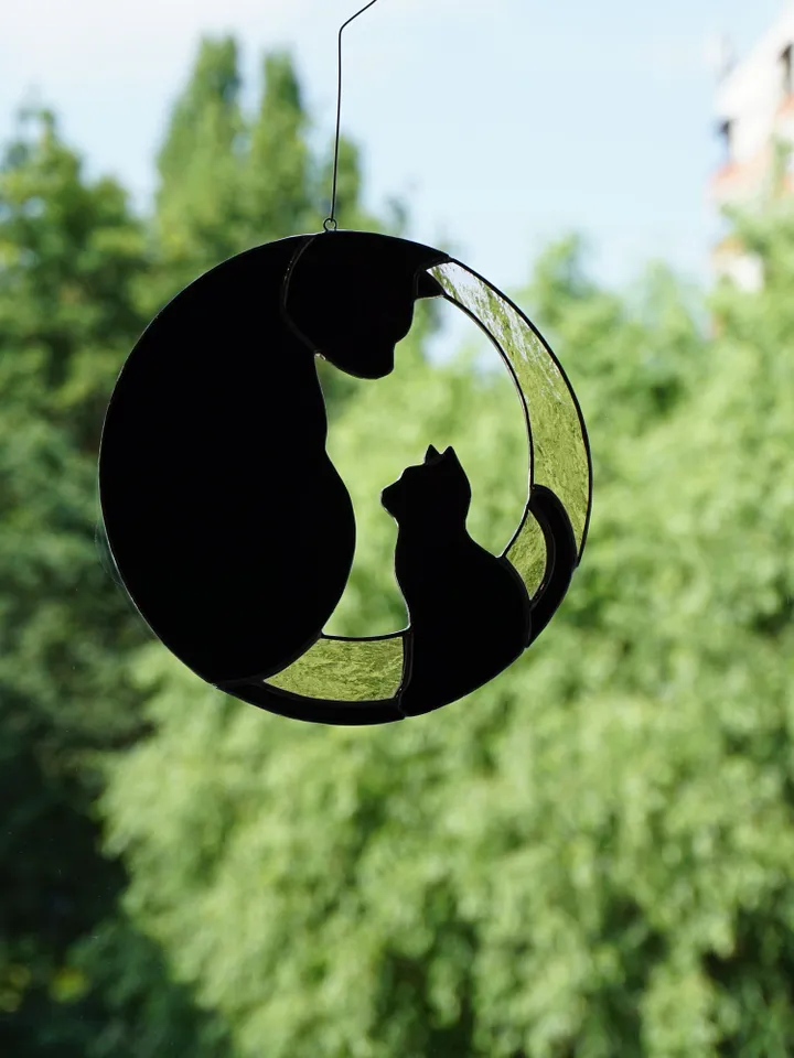 Black Cat with Kitten . Art stained glass window hanging Suncatcher . Gift for animal lover , pet loss memorial