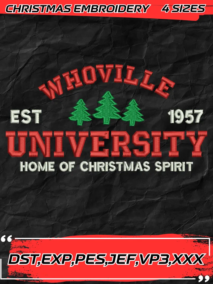 Whoville University Embroidery Design, Christmas Embroidery Digitizing File,4 Sizes, Digital Download