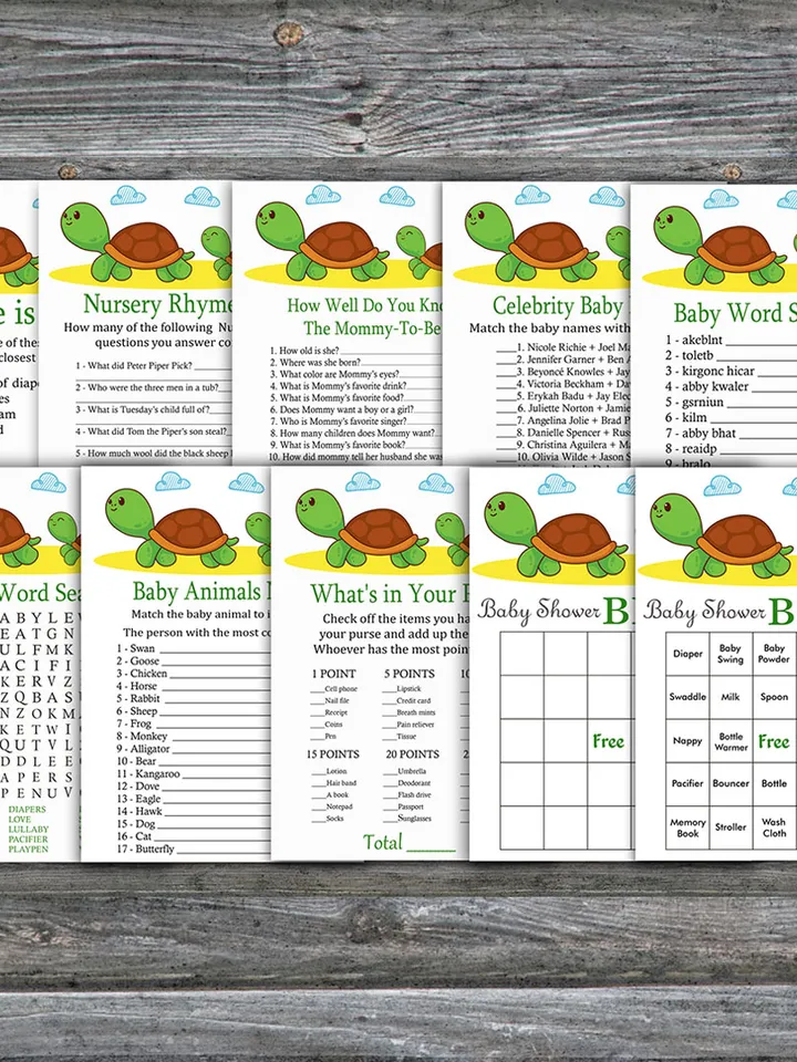 Turtle Themed baby shower games bundle,Turtle Baby Shower games package,Fun Baby Shower Games,9 Printable Games-333