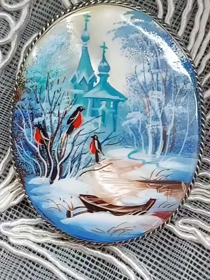 Brooches for women: Winter Enchanted forest & red bullfinches by the river on handmade brooch • north style jewelry • unique dainty brooch