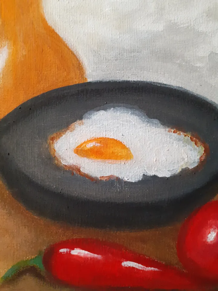 Oil Painting Morning Still Life with Scrambled Eggs Food Kitchen Art Stretched Canvas 20x25 cm 8x10 inches Wall Decor Occasion Gift