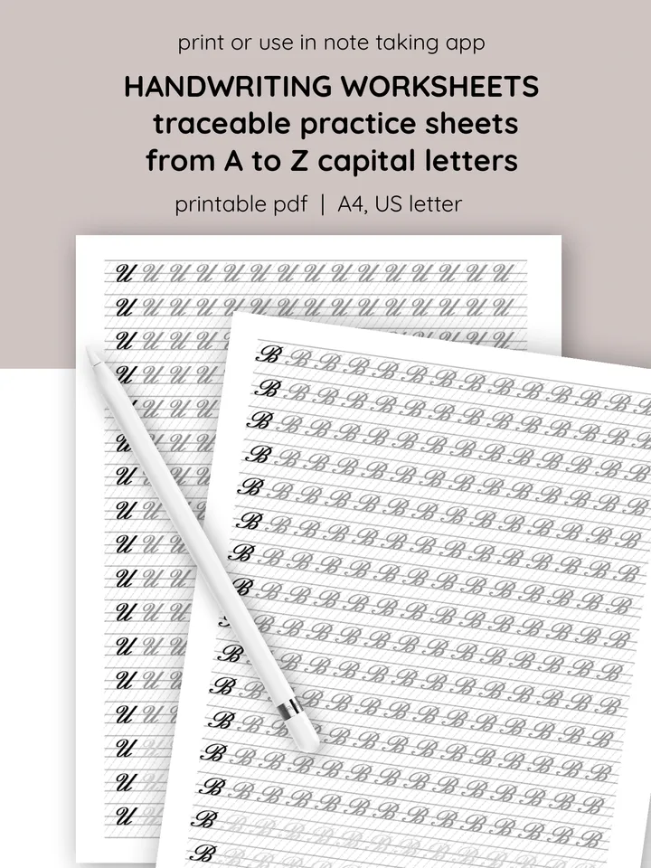 Calligraphy Uppercase Handwriting Worksheets: Traceable Practice for Kids' Writing Skills. Printable writing templates. Cursive handwriting lessons. Handwriting practice for children. Calligraphy for beginners
