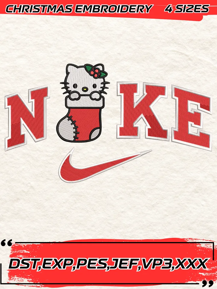 Swoosh Hello Kitty Stocking Christmas Embroidery Design,Christmas Embroidery Design,4 Sizes,Digital Download
