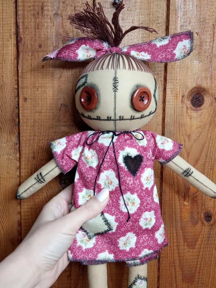 Handmade Doll With Button Eyes (Pink)