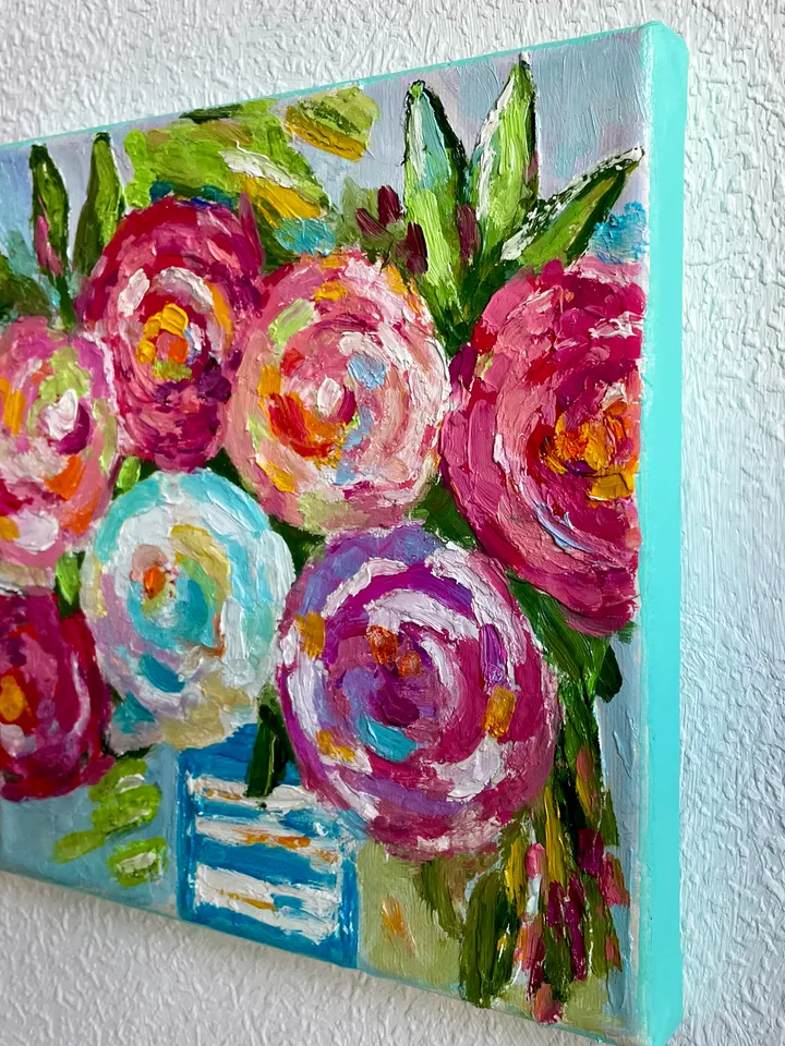 Pink Rose painting, Original Flower oil Painting canvas Fauvism style art