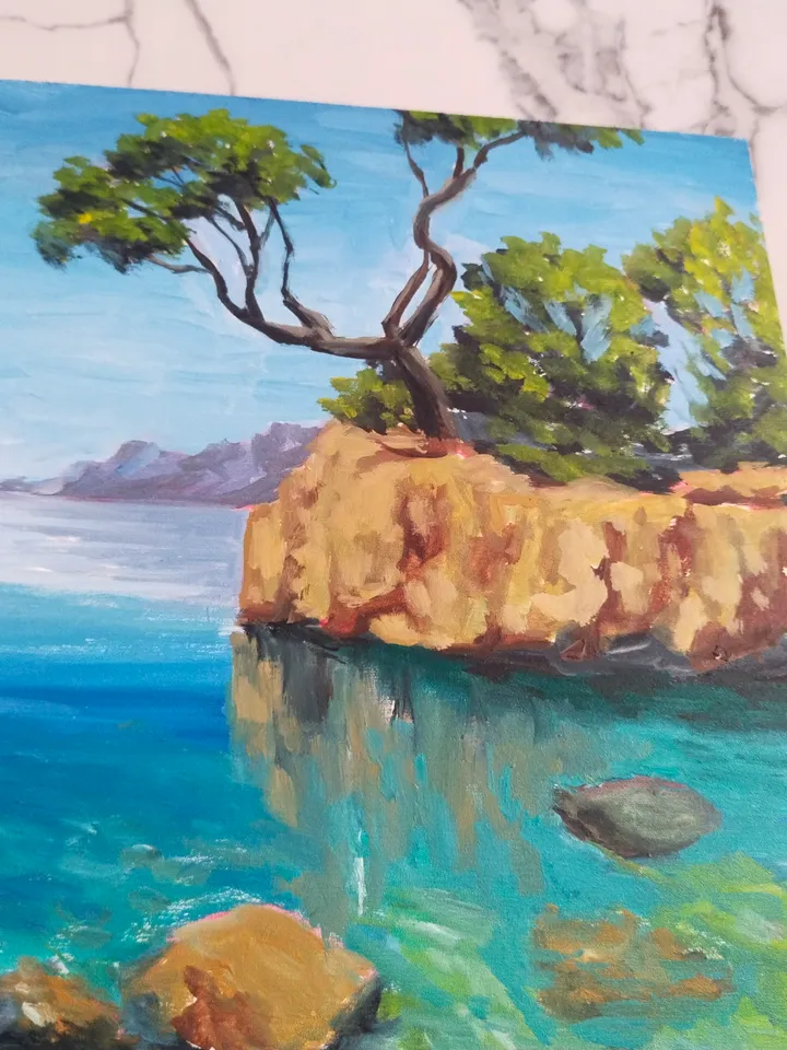 Seascape oil painting Landscape with rock seaside Twisted tree Turquoise water Croatia coast Fine art