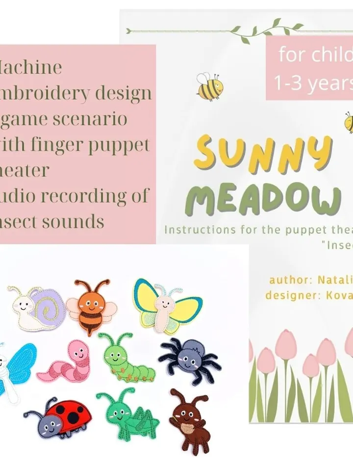 ITH Insect Finger Puppets Embroidery Design Set with Sounds & Games, Felt Bug Pattern, Educational Garden Toy, Digital Download