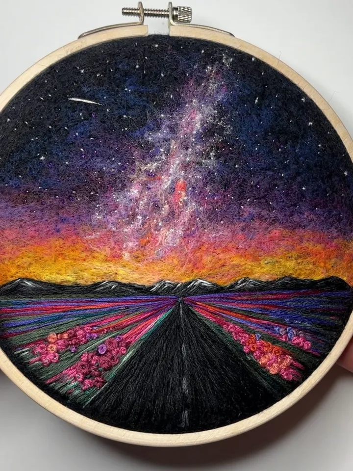 Embroidered and needle felted painting "Cosmic skyway"