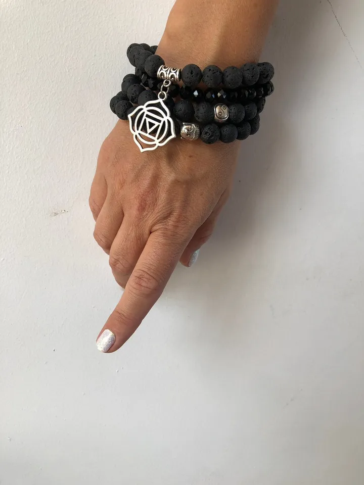 Set of Four Lava and Crystal Black Handmade Bracelet | Woman Bracelet Set | Lava Carka Buddha Ying Yang Spiritual Bali Oil Diffuser Jewerly
