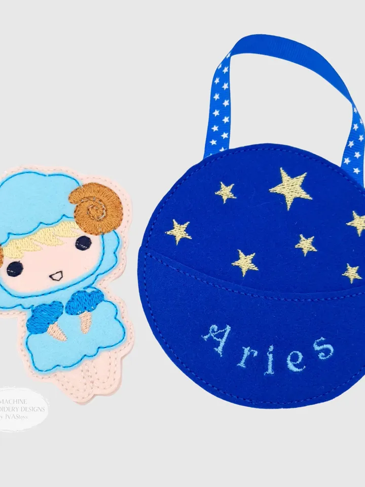 ITH Aries Zodiac Finger Puppet & Gift Bag Embroidery Design, Ram Star Sign Toy, 4x4 Hoop Christmas Ornament File