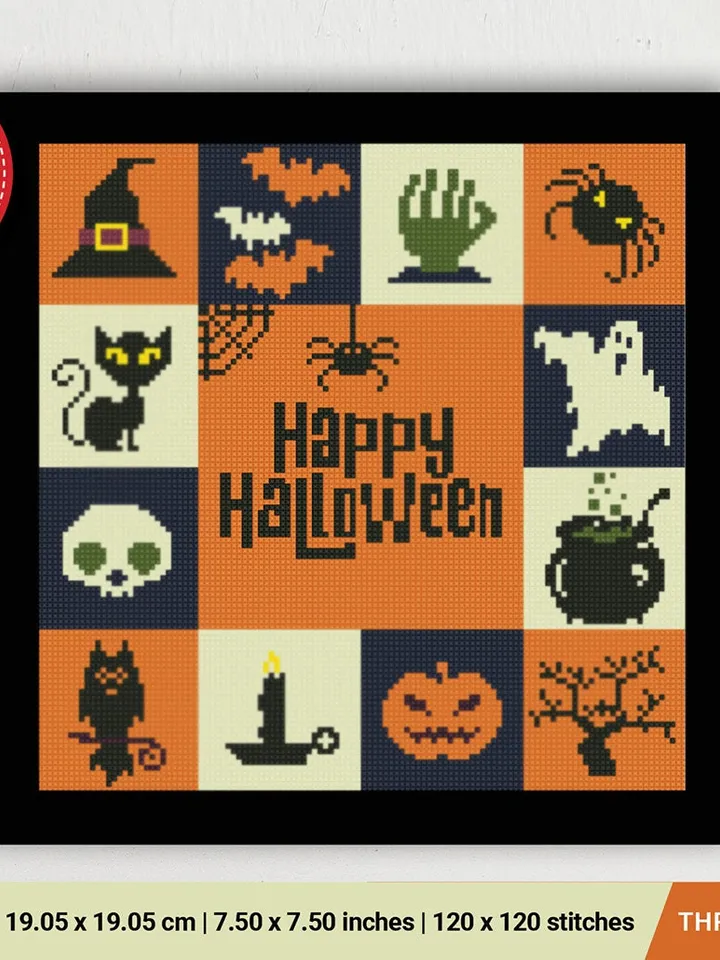 Happy Halloween cross stitch pattern, pumpkin, Trick or Treat, holiday decor, counted, chart, gift DIY, embroidery, instant PDF