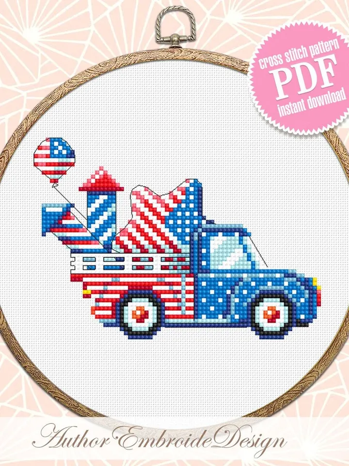 Patriotic retro truck cross stitch pattern PDF download Independence Day cross stitch 4th of july truck American flag Stars and stripes #T34