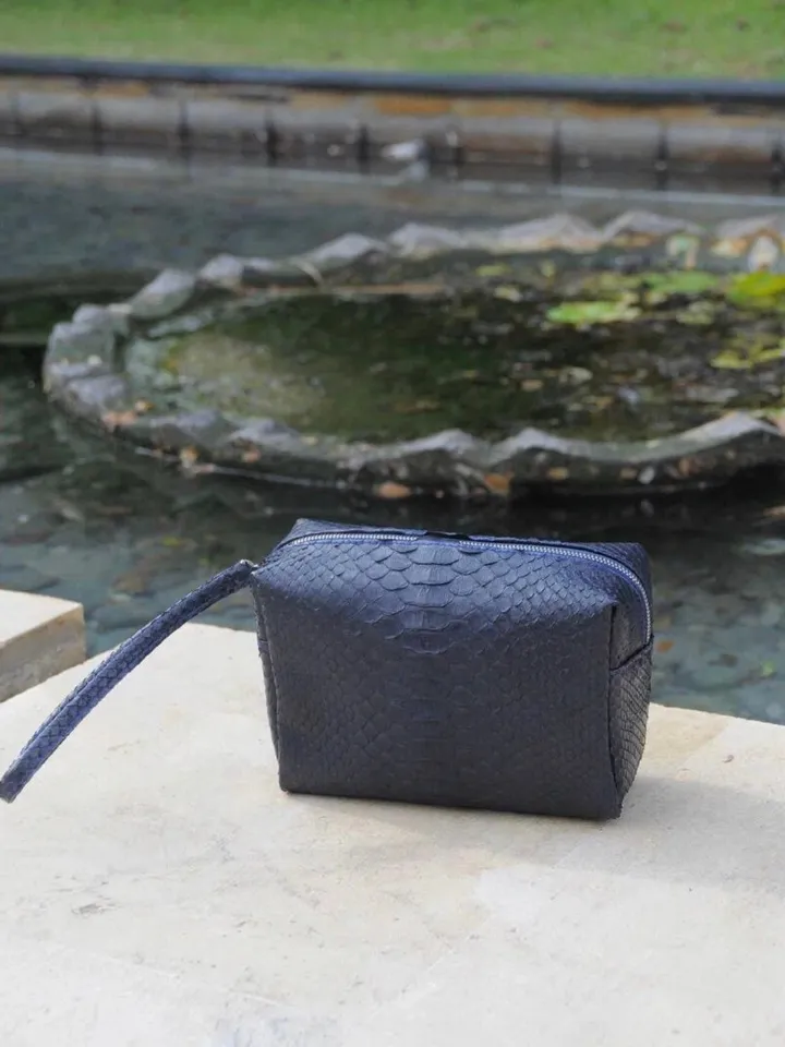 Genuine python skin blue cosmetic bag | travel kit bag | small leather purse | gift idea | small cosmetic unisex bag snakeskin handmade