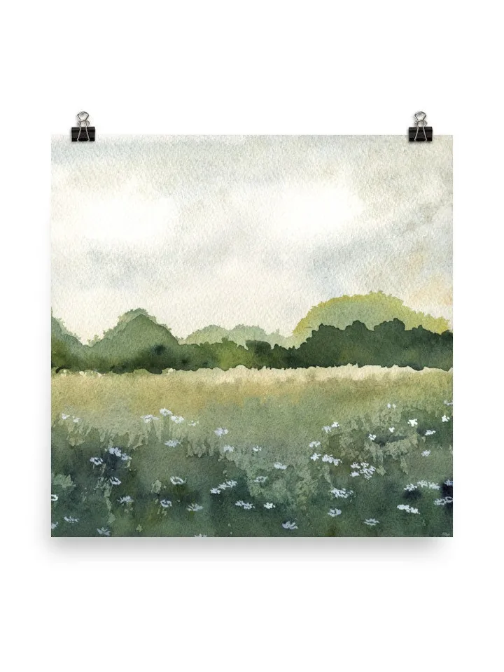 Summer Landscape Wild Flowers Print, Green Field Wall Art, Bed Room Art Print, Country Print, Sun Flower Painting, Neutral Green Print