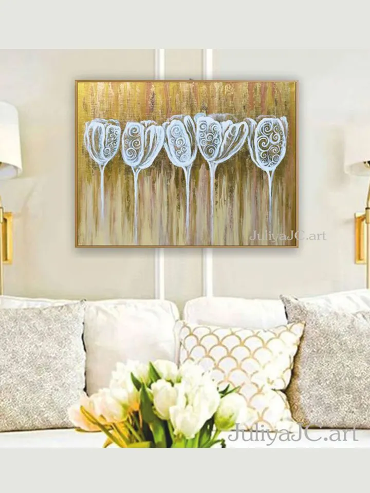 Gold and White Abstract Wall Art Floral Painting Tulips Original art White Flowers artwork by Juliya JC