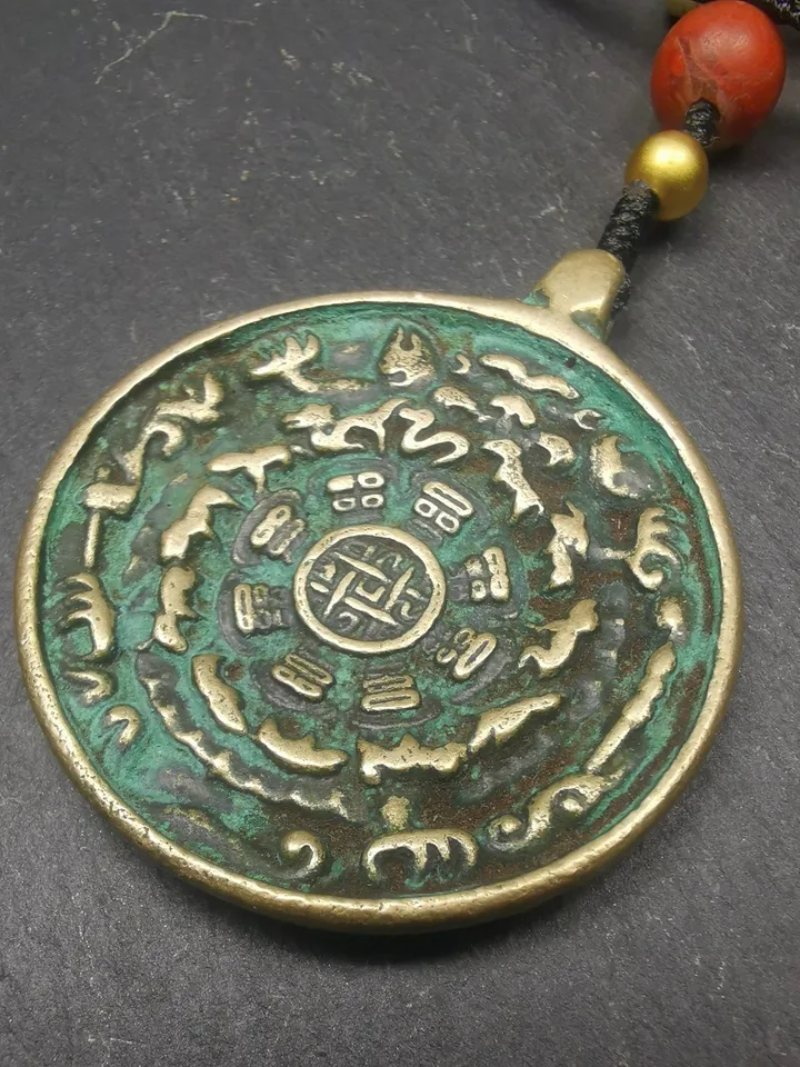Gandhanra Vintage Tibetan Buddhist Calendar Amulet Sipaho Badge - Lima Brass Melong Mirror Protective Charm Feng Shui Pendant,43mm