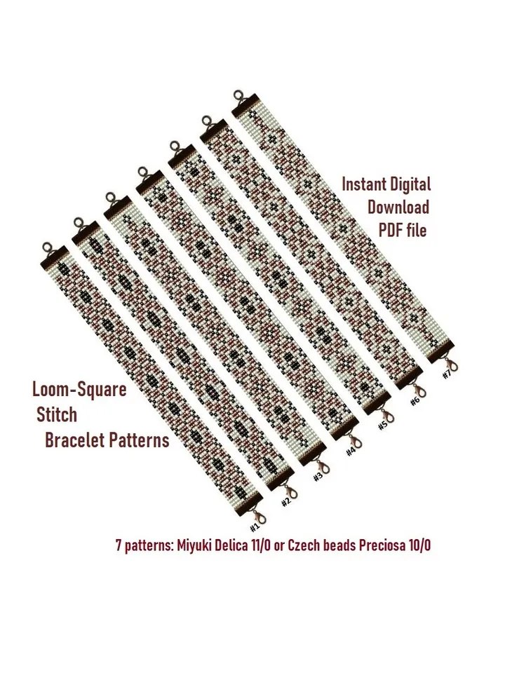 Cuff Bracelet patterns in Loom-Square Stitch technique for Miyuki Delicas and Preciosa, Instant Download