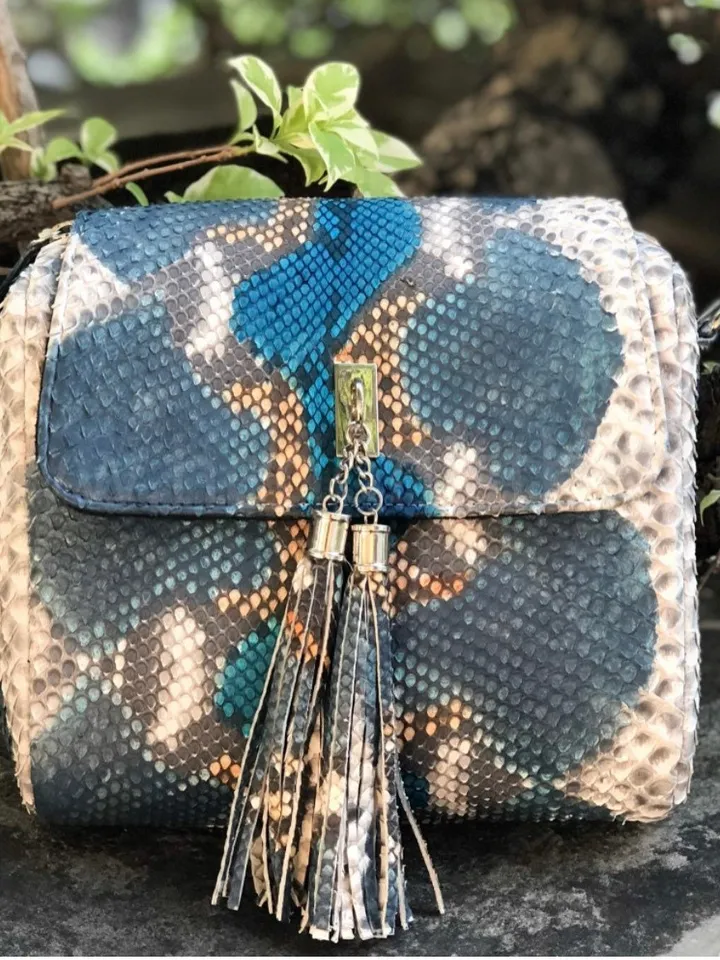 Genuine python skin crossbody multicolor turquise tassel women bag | Designer leather snakeskin bag | exotic leather bags free shipping