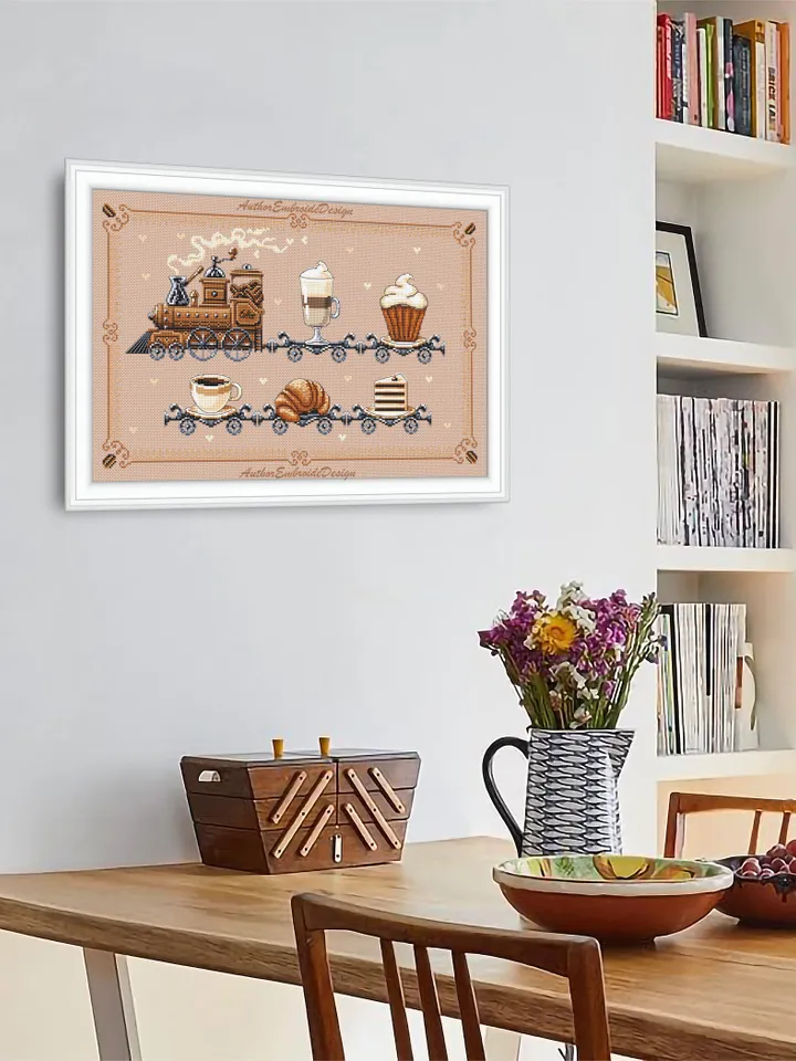 Vintage Coffee Train cross stitch pattern PDF download Coffee cross stitch chart, Coffee lovers home decor, Train pattern digital PDF #F17