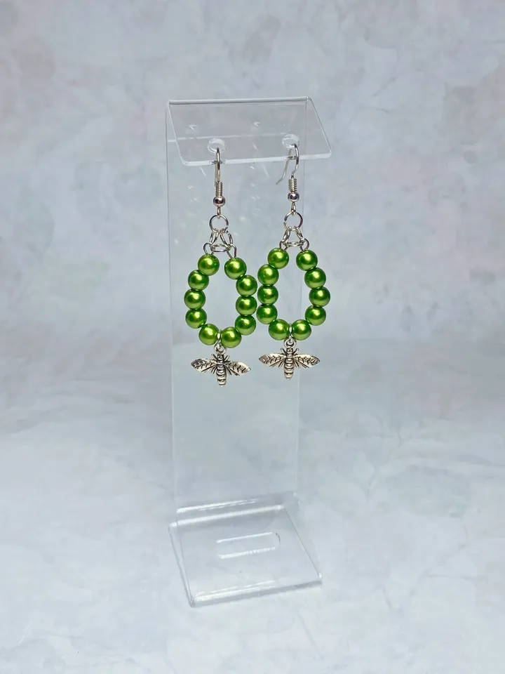Earrings with green flies. Handmade jewelry.