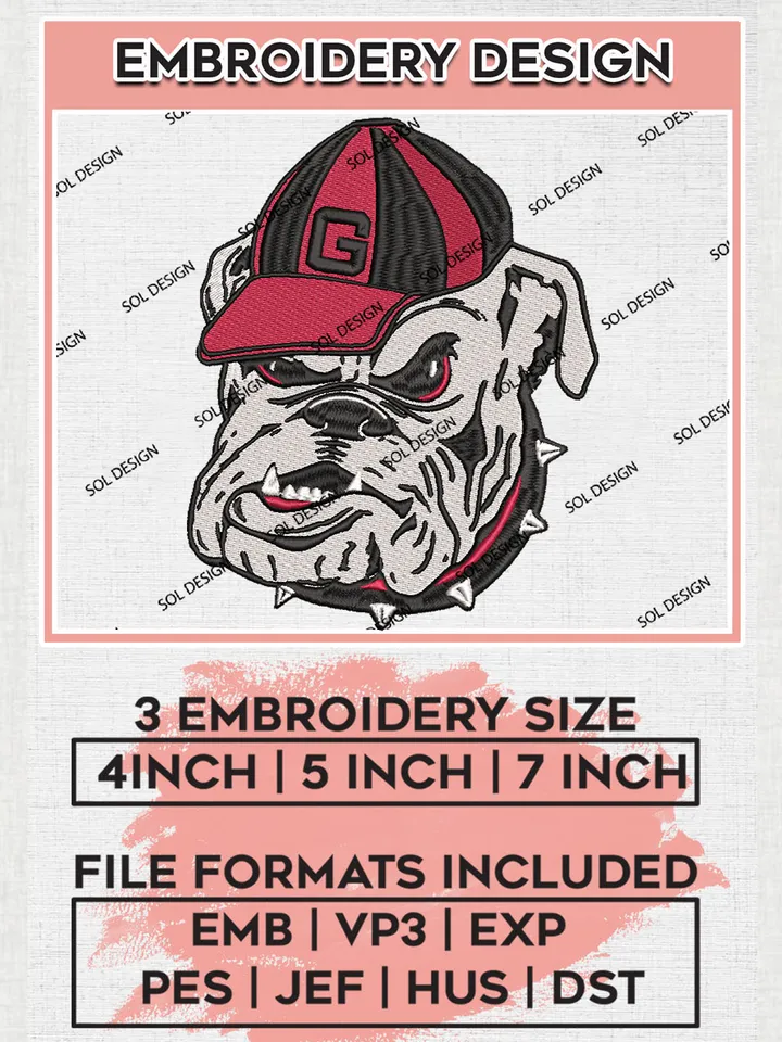 NCAA Georgia Bulldogs Team Head Mascot Logo Embroidery Design Files, NCAA Georgia Bulldogs Machine Embroidery, NCAA Teams, 3 sizes, NCAA Machine embroidery designs, Digital Download