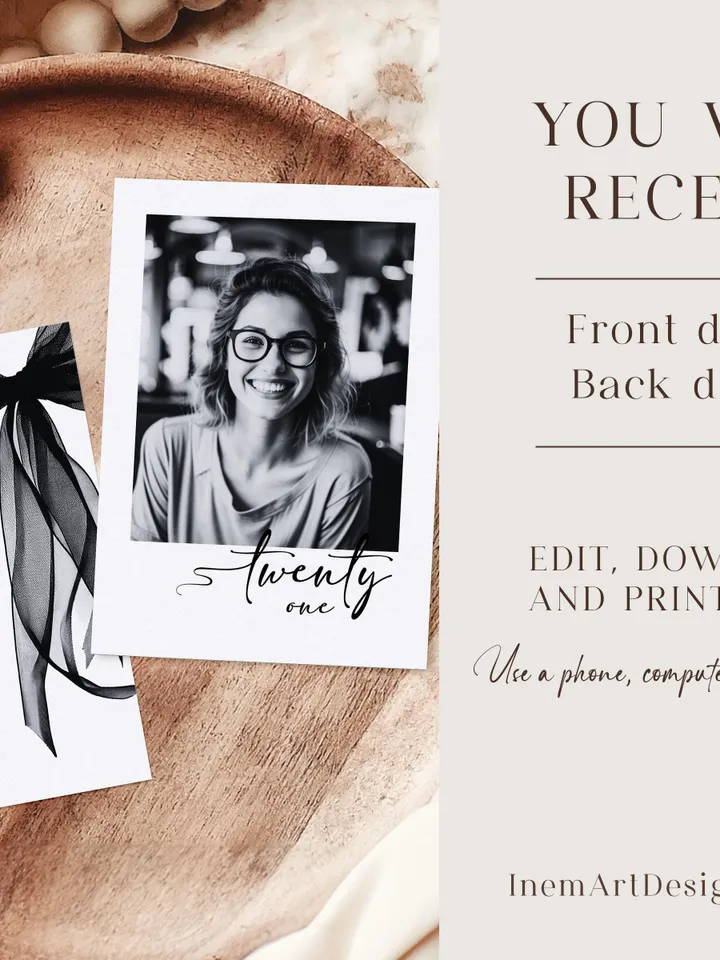 Coquette Black Bow 21st Invitation, Editable Twenty first Birthday Party Invite, DIY Digital Black Ribbon, Cheers to Twenty one Invite