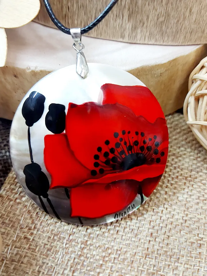Pearl pendant necklace: Big Red Poppy hand painted on Abalone Shell Pendant • Aesthetic flower design on graceful necklace for her dress
