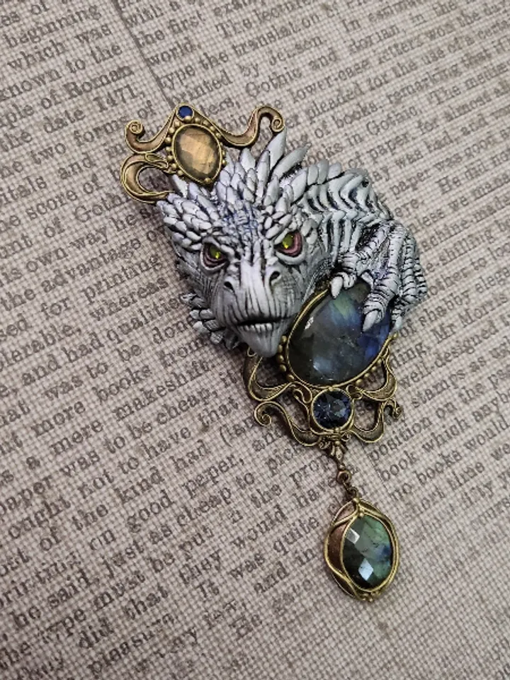 Brooch White Dragon, Dragon, Brooch with stones, unique brooch