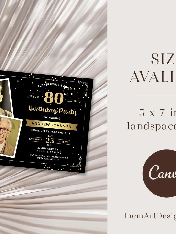80th Birthday invitation with Photo | Adult Birthday Photo Invite | Mens birthday Black Gold landscape invitation card | Canva template