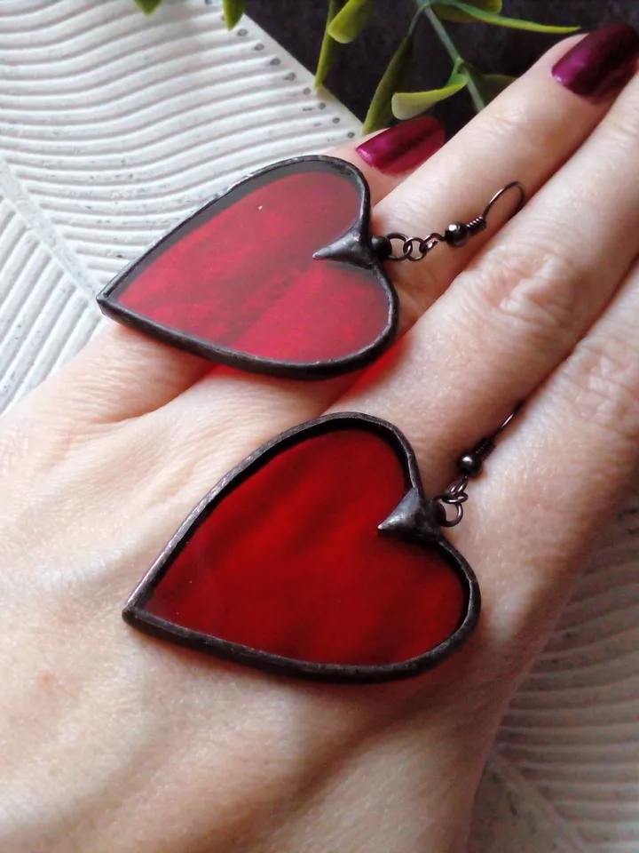 Heart stained glass earrings for Valentine day, valentines kawaii earrings