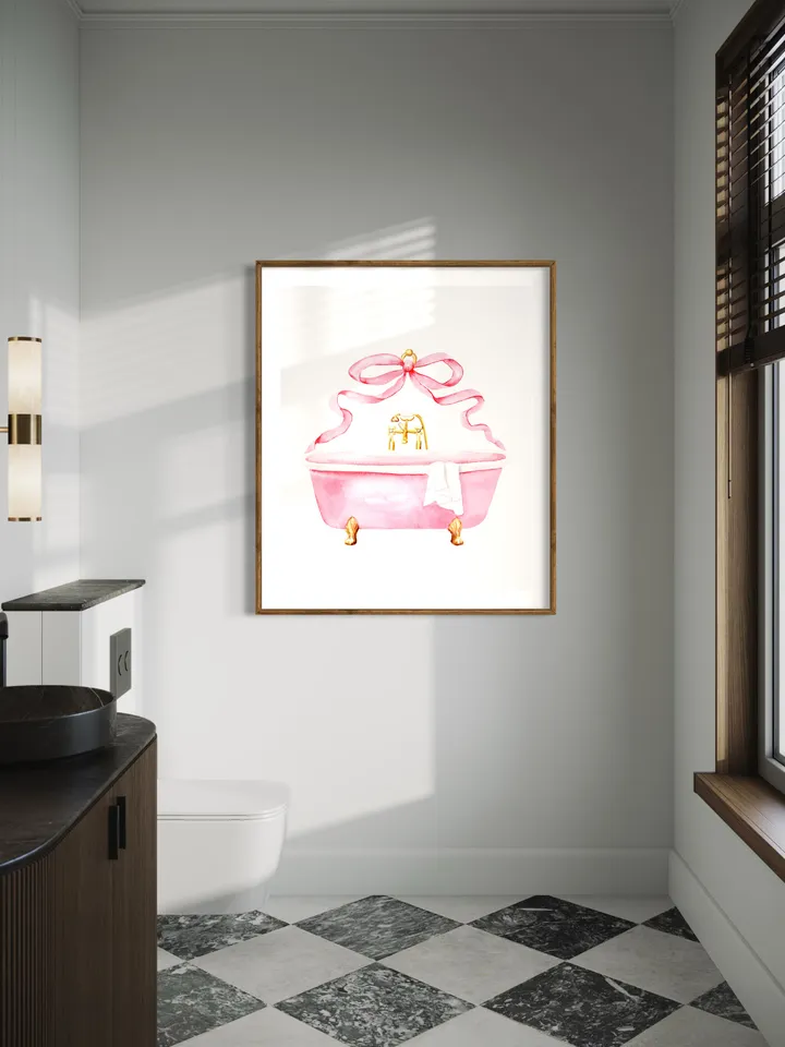 Pink Bathroom Vintage Bow Art Print, Watercolor Painting, Retro Bathroom Decor, Girls Bathroom Decor, Pink Bathtub, Gift For Her, Bath Time