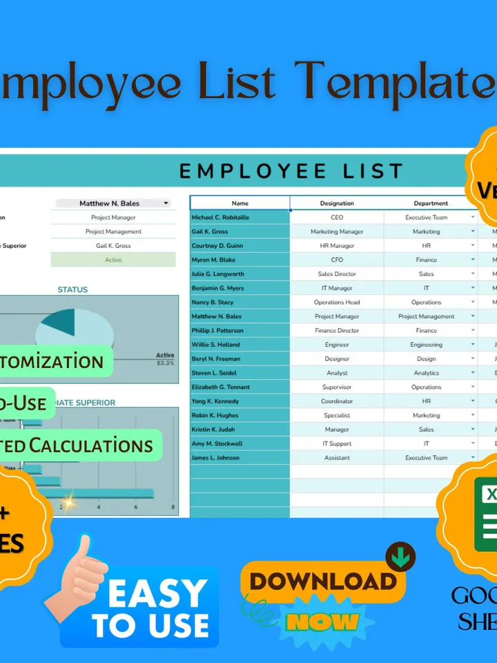 Employee List Template, Google Sheets Staff Directory, Digital Download, Easy-to-Use Employee Tracker for HR & Small Business
