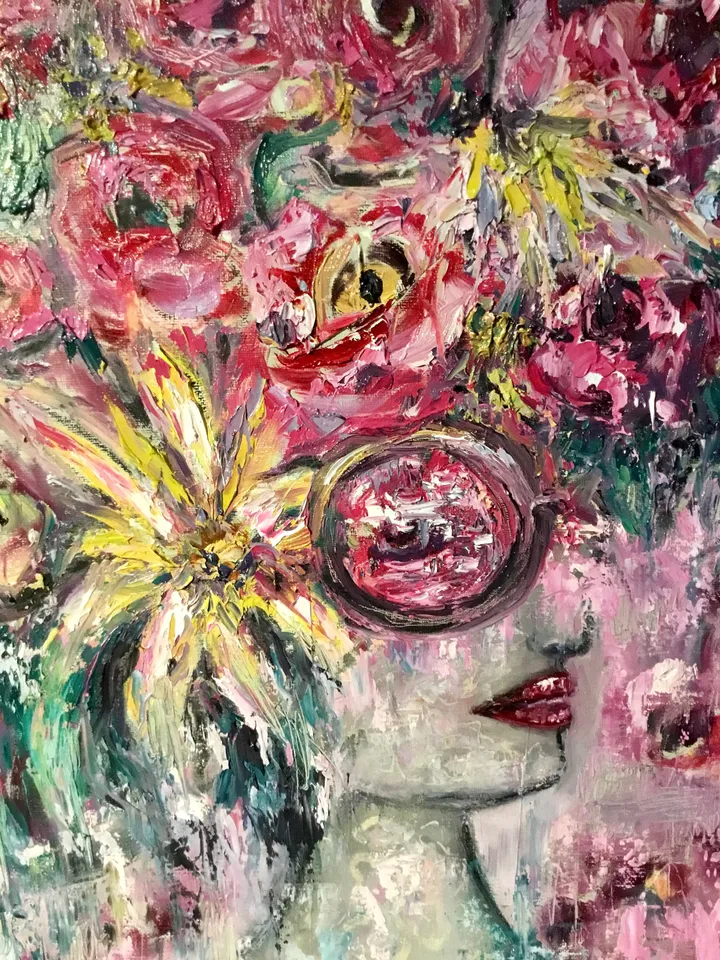 Pink wisdom-fantasy woman in flowers,womanoriginal oil painting,impasto painting,unique canvas art,original artwork,fantasy woman in roses.