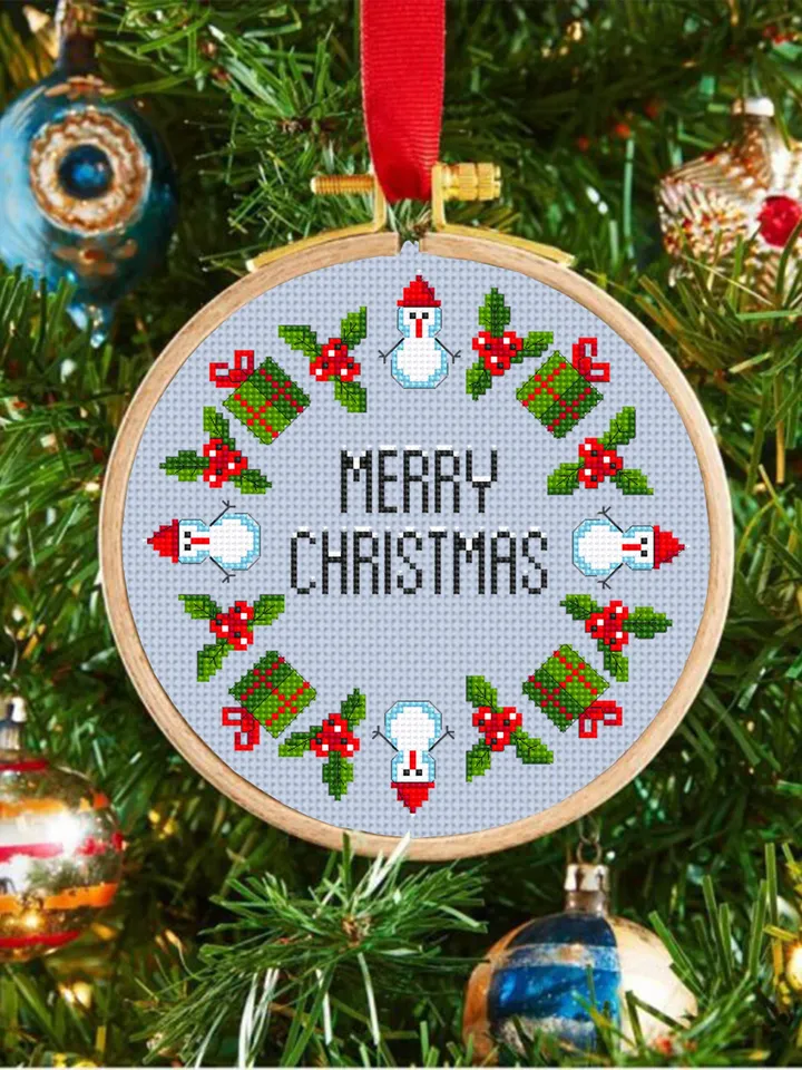 Snowman wreath cross stitch pattern download PDF Merry Christmas cross stitch chart Small Snowman pattern digital, DIY Christmas decor #N42
