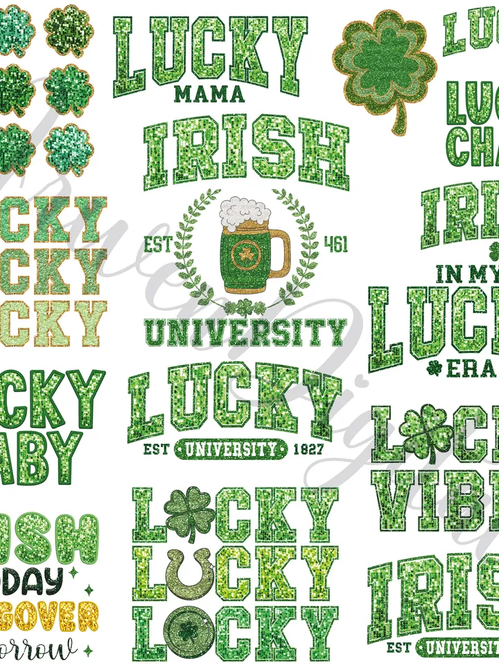 Sparkly Faux Sequin St Patricks Day Bundle, Lucky Charm Png, Lucky Glitter Embroidery Design, Irish University, St Paddys Day Png, Trendy