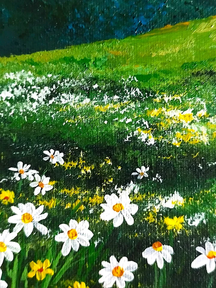 Mountain landscape painting Daisies impasto art