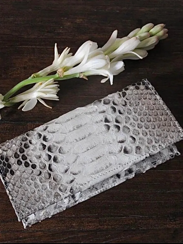 Genuine python skin flat unisex gray uncolored wallet / small money reptile purse / exotic leather snakeprint / cardholder gift idea