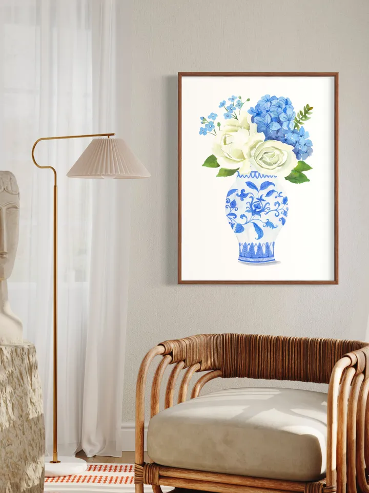 Chinoiserie Vase Wall Art Print, Hydrangea Painting, Ginger Jar Art, Blue and White Porcelain  Vase,Housewarming Gift, Apartment Decor Print