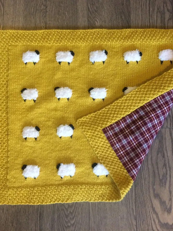 Reversible Sheep Baby Blanket, Handknit, Fuzzy Sheep, Flannel on Reverse (Optional) 3 Sizes