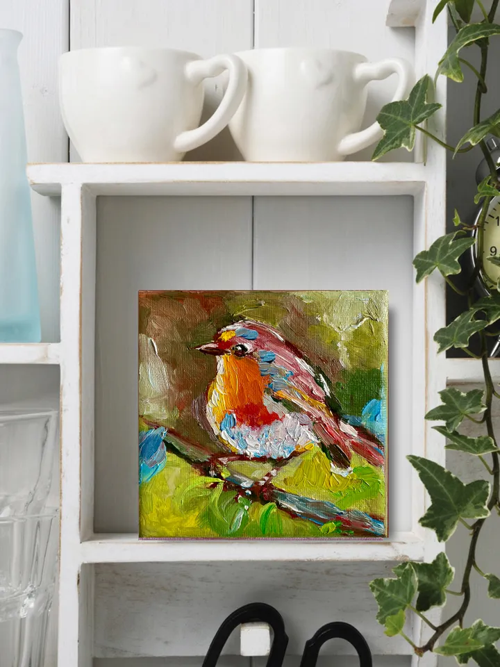 Robin Bird Painting, Original Oil painting on Canvas, Mini Canvas Art, Tiny Bird Artwork