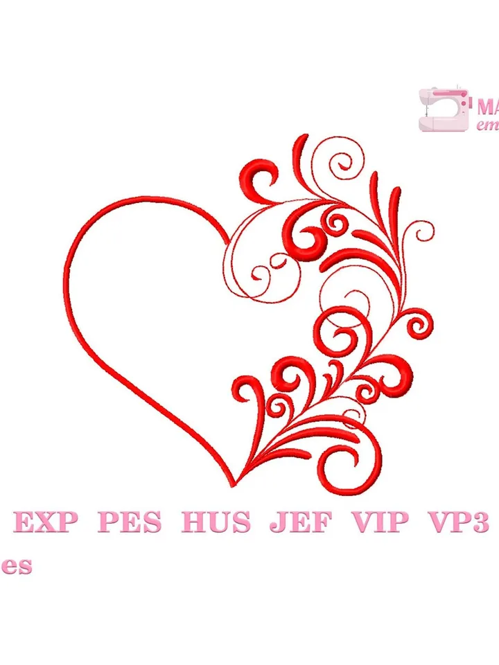 Valentine Heart embroidery design Machine embroidery pattern 5 sizes, Embroidery files heart outline, Vintage elegant decor Floral heart #R9