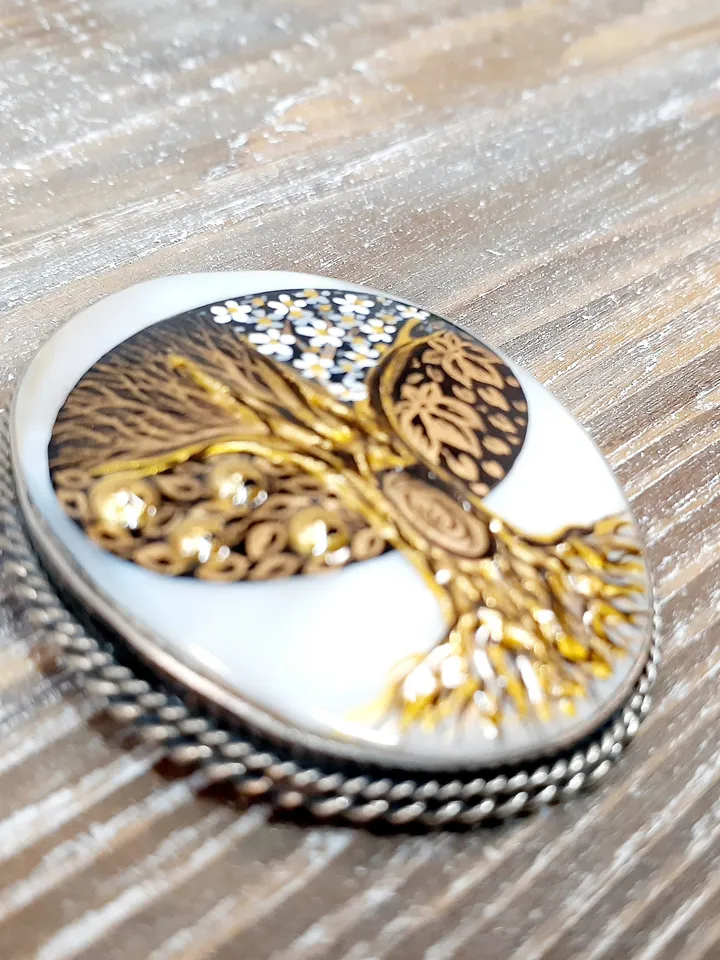 Brooches for women: Tree of life with four seasons on pearl pin • Mother of pearl brooch hand painted in in Klimt style • Dainty brooch