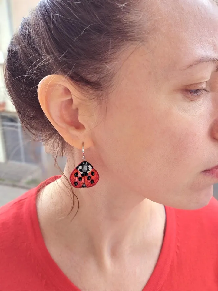 Ladybug Earrings Embroidery Handcrafted Funny Jewelry Artisan Earrings Quirky Accessory Party Boho Design Fiesta Folk Art Celebration Decor